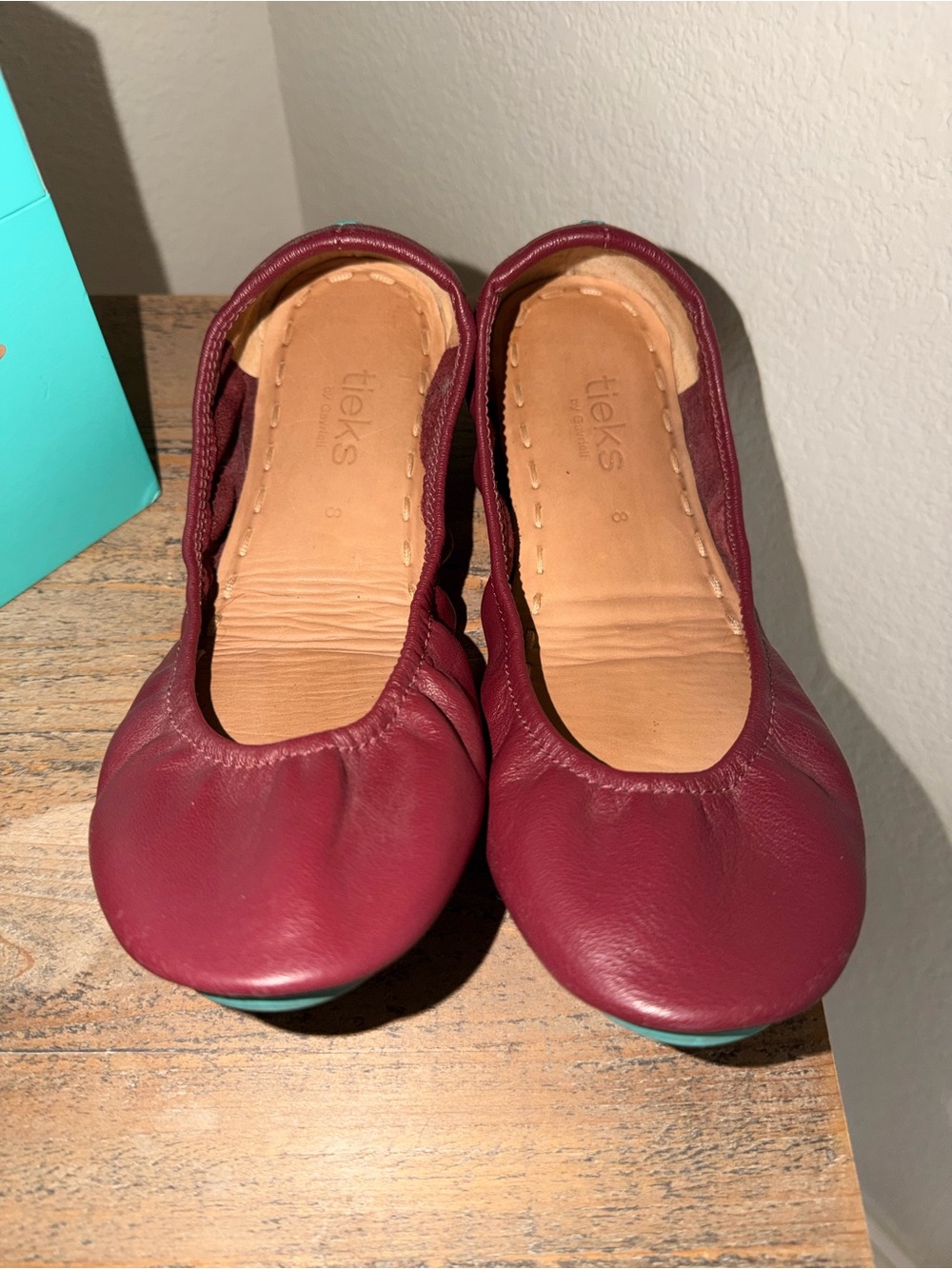 Tieks Burgundy Leather Ballet Flats with Teal Trim - Picture 2 of 5